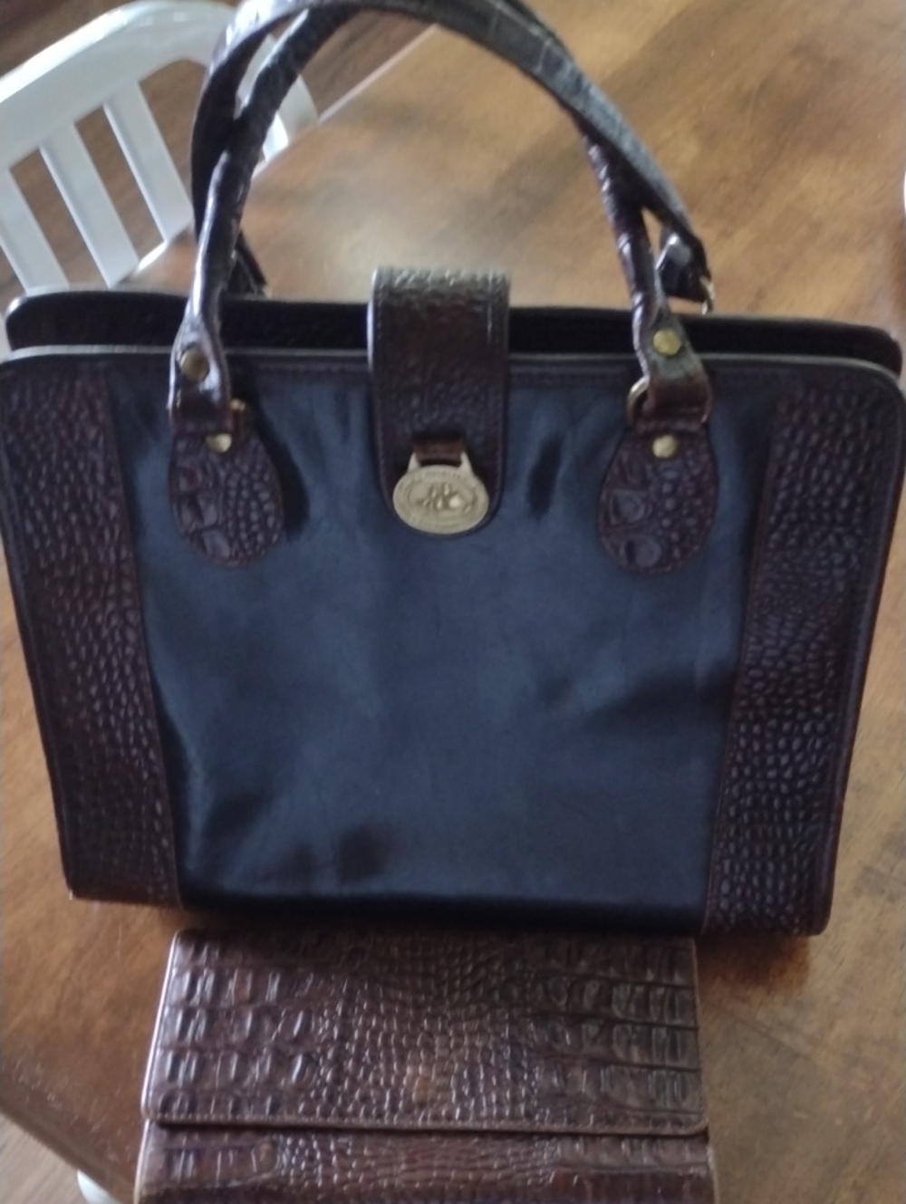 Brahmin Black and Dark Brown Purse with Croc-Texture Trim & Wallet